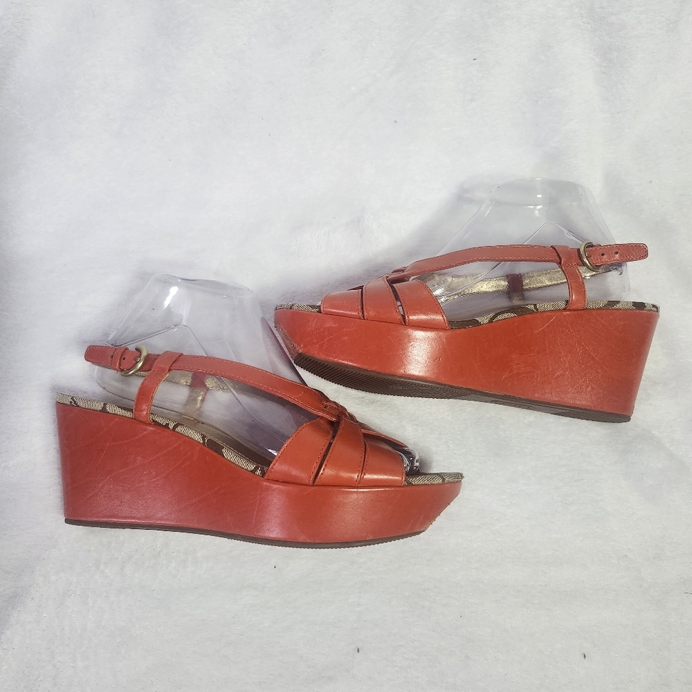 COACH Women's "Molie" Platform Wedge Sandals Coral Monogram‎  Size 8.5B
